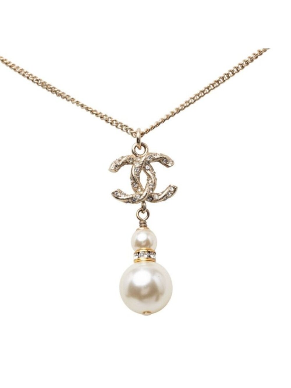 Chanel CC Logo Necklace Gold Plated Faux Pearl Rhinestone